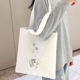 Print Canvas Tote Bag Flower - White - One Size