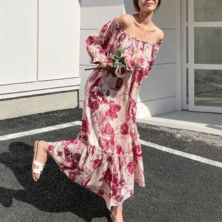 Bell-sleeve Off-shoulder Print Midi A-line Dress