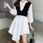 Set: Asymmetric 3/4-sleeve Shirt Dress + Vest