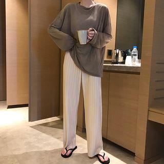 Plain Long-sleeve T-shirt / Rib Wide Leg Pants