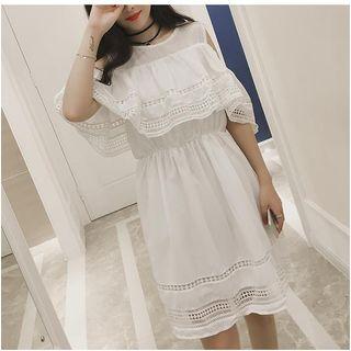 Lace Trim Cold Shoulder Gathered Waist Dress
