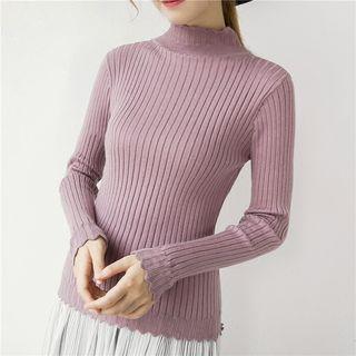 Scallop Trim Mock Neck Long Sleeve Knit Top
