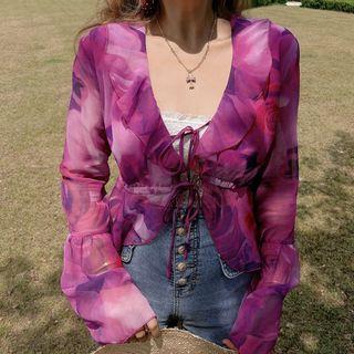 Flared-cuff Floral Print Tie-front Blouse