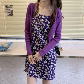 Long-sleeve Plain Cardigan / Spaghetti-strap Floral Printed Dress