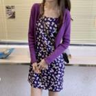 Long-sleeve Plain Cardigan / Spaghetti-strap Floral Printed Dress