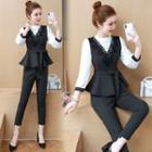 Set: Mock Two-piece Striped 3/4-sleeve Top + Cropped Pants