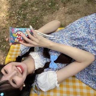 Short-sleeve Frill Trim Plain Blouse / Tie-strap Floral Pinafore Dress