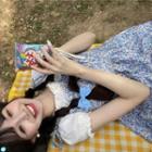 Short-sleeve Frill Trim Plain Blouse / Tie-strap Floral Pinafore Dress