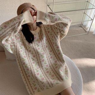 Floral Sweater Pink Flower - Beige - One Size