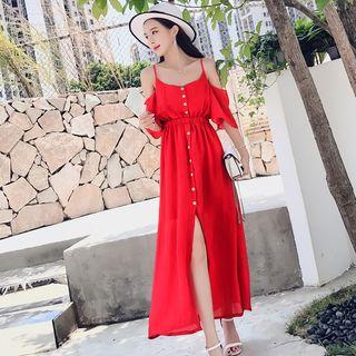 Elbow-sleeve Cold Shoulder Buttoned Chiffon Midi Dress