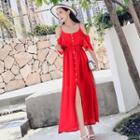 Elbow-sleeve Cold Shoulder Buttoned Chiffon Midi Dress