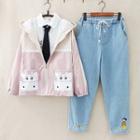 Hooded Zip-up Jacket / Embroidered Straight Leg Jeans / Set