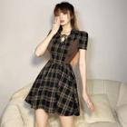 Short-sleeve Lace-up Plaid Mini A-line Dress