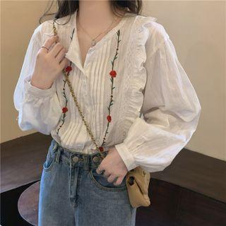 Floral Embroidered Ruffled Pintuck Blouse White - One Size