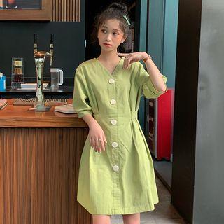 Plain V-neck Elbow-sleeve A-line Dress