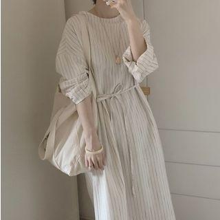 Long-sleeve Striped Maxi A-line Dress Off-white - One Size