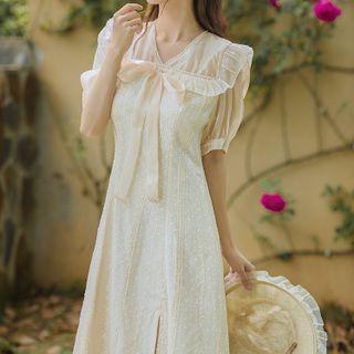 Puff-sleeve Ruffled Dotted Midi A-line Dress