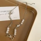 Bow Faux Pearl Alloy Necklace 1pc - Silver & White - One Size