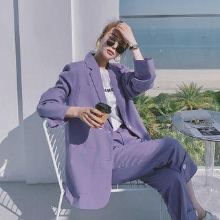 Set: Plain Single-breasted Blazer + Cropped Straight Leg Pants