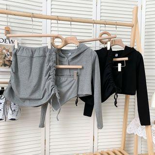 Set: Asymmetrical Tube Top + Button-up Hooded Jacket + Drawstring-side Mini Skirt