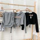 Set: Asymmetrical Tube Top + Button-up Hooded Jacket + Drawstring-side Mini Skirt