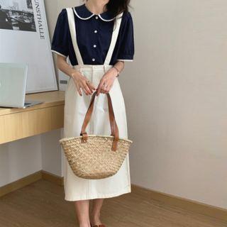Short-sleeve Shirt / Midi A-line Suspender Skirt