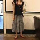 Square-neck Tank Top / Plaid Midi A-line Skirt