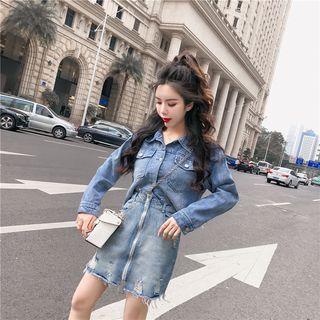 Set: Cropped Denim Jacket + Ripped Zip-front Denim Skirt