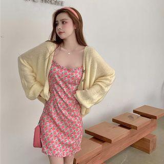 Plain Cardigan / Spaghetti Strap Floral A-line Dress