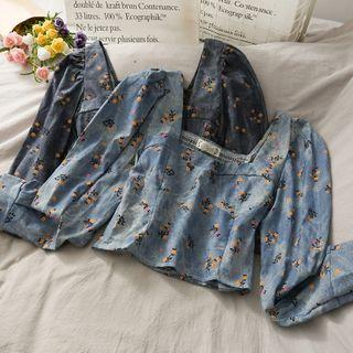 Square-neck Printed Denim Crop Top