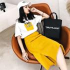 Set: Printed Short-sleeve T-shirt + High Waist Straight-cut Skirt