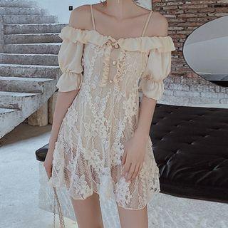 Ruffled Cold-shoulder Puff-sleeve Lace Swim Dress