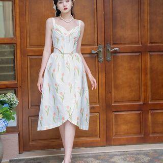 Puff-sleeve Floral Crop Top / Camisole Top / Midi A-line Skirt