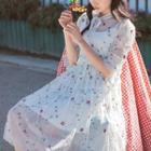 Set: Elbow-sleeve Floral Sheer Midi Dress + Slipdress
