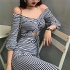 Striped Off-shoulder Puff-sleeve Dress