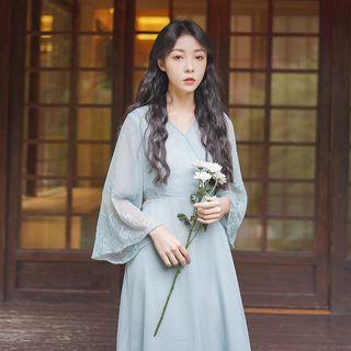 Bell-sleeve A-line Midi Chiffon Dress