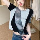 Short-sleeve Color Block T-shirt Print - Blue & Black - One Size