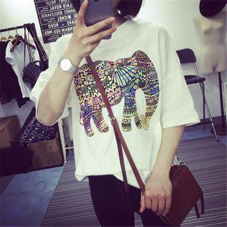 Elbow-sleeve Patterned Elephant T-shirt