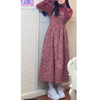 Long-sleeve Mock-neck Top / Sleeveless Floral Print Midi Dress