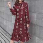 Long-sleeve Printed Tie-neck A-line Midi Dress / Camisole Top