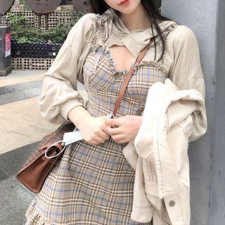 Cropped Hoodie / Plaid Mini Pinafore Dress