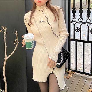 Long-sleeve Lettering Knit Turtleneck Mini Bodycon Dress Beige - One Size