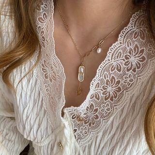 Shell Faux Pearl Pendant Stainless Steel Necklace Gold & White - One Size