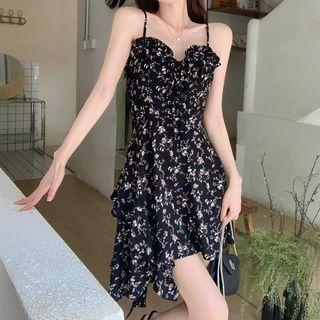 Spaghetti Strap Floral Asymmetrical Mini Dress