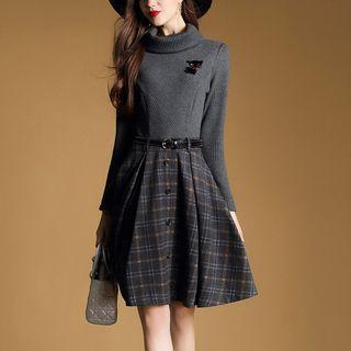 Mock Two-piece Turtleneck Plaid A-line Dress