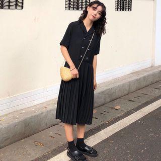 Short-sleeve Double Breasted Pleated Midi Dress Black - One Size