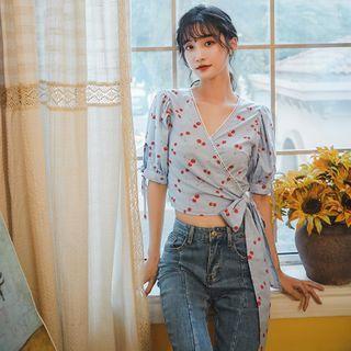 Cherry Print Short-sleeve Wrap Cropped Blouse