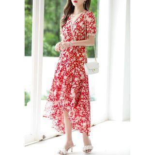 Short-sleeve Floral Print High Low Midi Dress