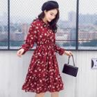 Tie-neck Long-sleeve Floral Print A-line Dress