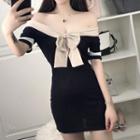 Short-sleeve Bow Knit Sheath Dress